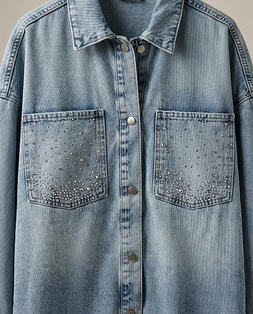Jachetă tip cămașă oversized din denim stonewashed, cu aplicații de cristale și pietricele, stil fashion urban