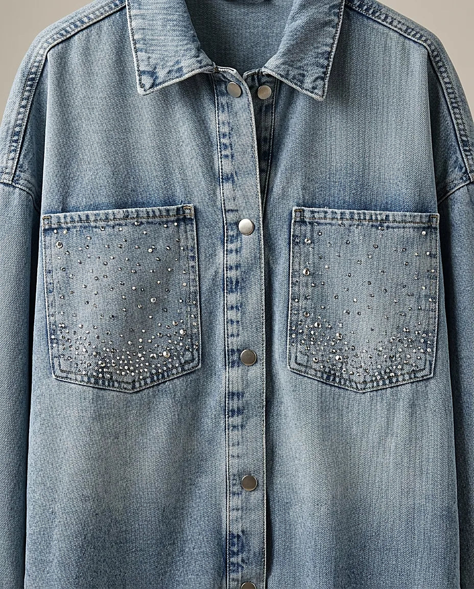 Jachetă tip cămașă oversized din denim stonewashed, cu aplicații de cristale și pietricele, stil fashion urban