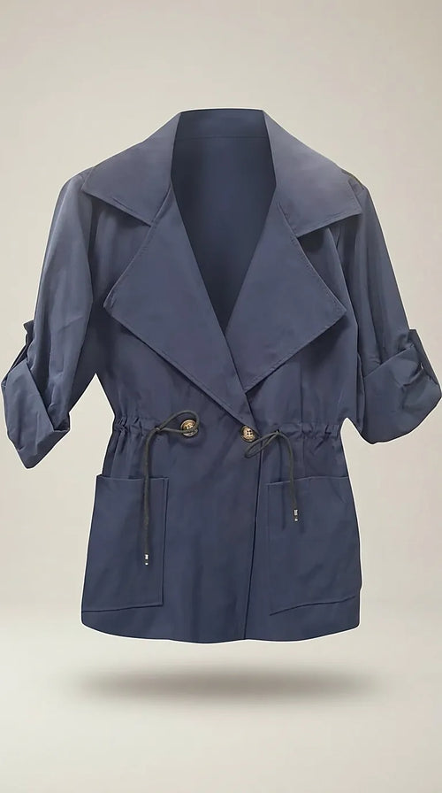 Jachetă trench de damă bleumarin cu șnur în talie și mâneci reglabile, stil casual-elegant