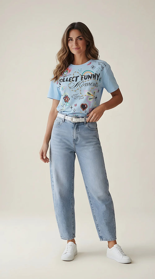 Tricou albastru deschis din bumbac cu imprimeu 'collect funny moments'