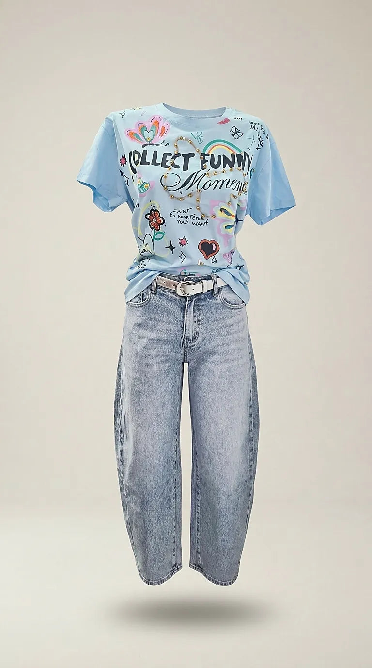 Tricou albastru deschis din bumbac cu imprimeu 'collect funny moments' | Mira Style