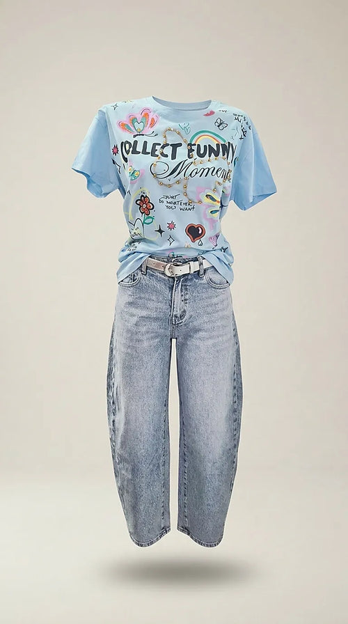 Tricou albastru deschis din bumbac cu imprimeu 'collect funny moments'