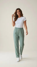 Pantaloni casual de damă cu talie elastică și șnur, verde salvie, model lejer și confortabil