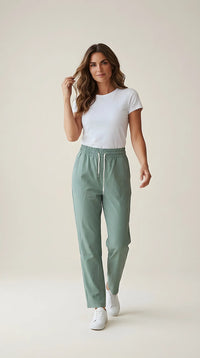 Pantaloni casual de damă cu talie elastică și șnur, verde salvie, model lejer și confortabil | Mira Style