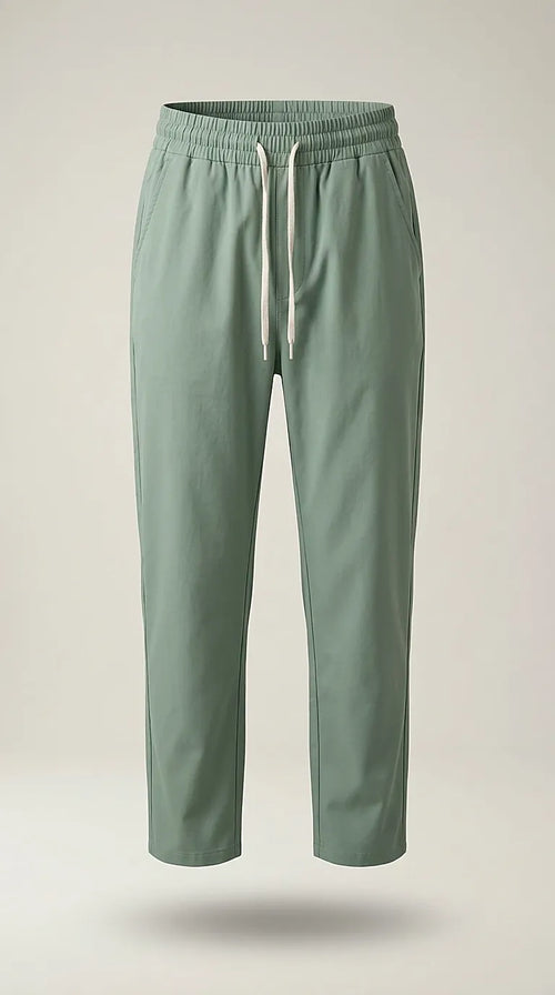 Pantaloni casual de damă cu talie elastică și șnur, verde salvie, model lejer și confortabil