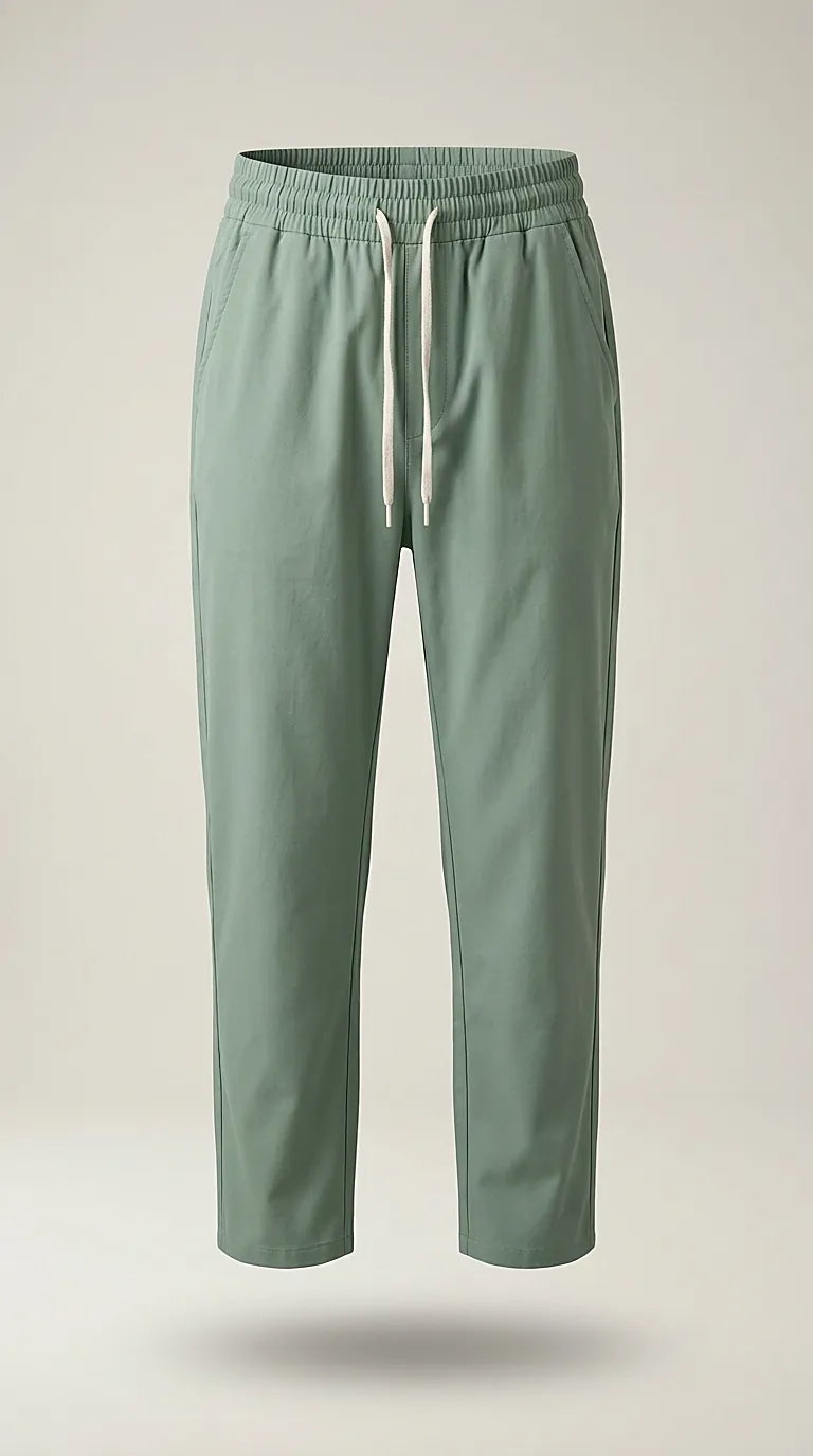 Pantaloni casual de damă cu talie elastică și șnur, verde salvie, model lejer și confortabil