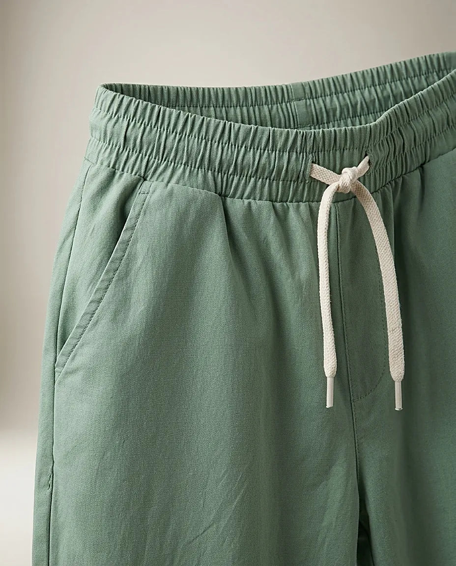 Pantaloni casual de damă cu talie elastică și șnur, verde salvie, model lejer și confortabil