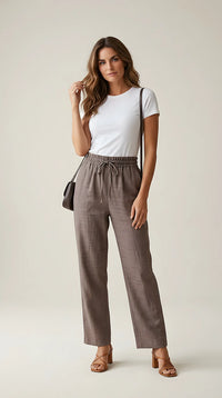 Pantaloni casual maro cu talie elastică și șnur, model lejer cu aspect de in pentru femei | Mira Style