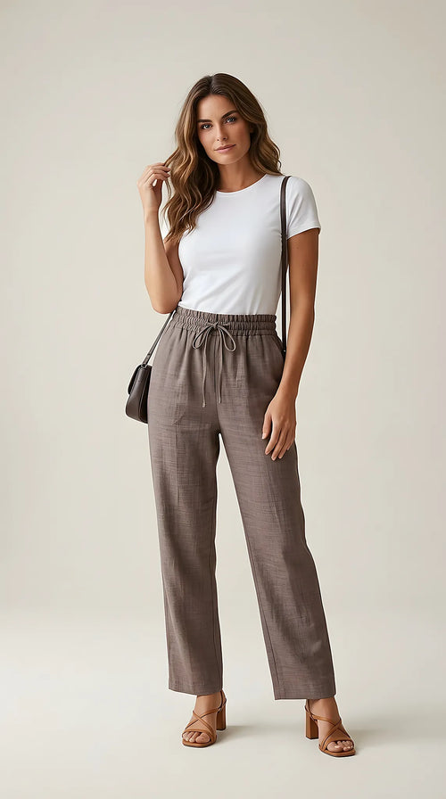 Pantaloni casual maro cu talie elastică și șnur, model lejer cu aspect de in pentru femei