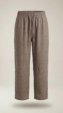 Pantaloni casual maro cu talie elastică și șnur, model lejer cu aspect de in pentru femei