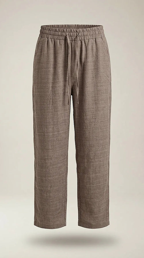 Pantaloni casual maro cu talie elastică și șnur, model lejer cu aspect de in pentru femei