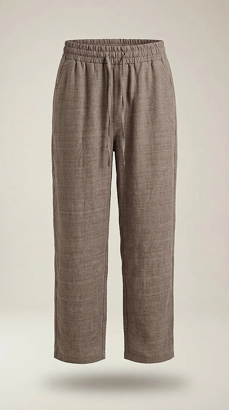 Pantaloni casual maro cu talie elastică și șnur, model lejer cu aspect de in pentru femei