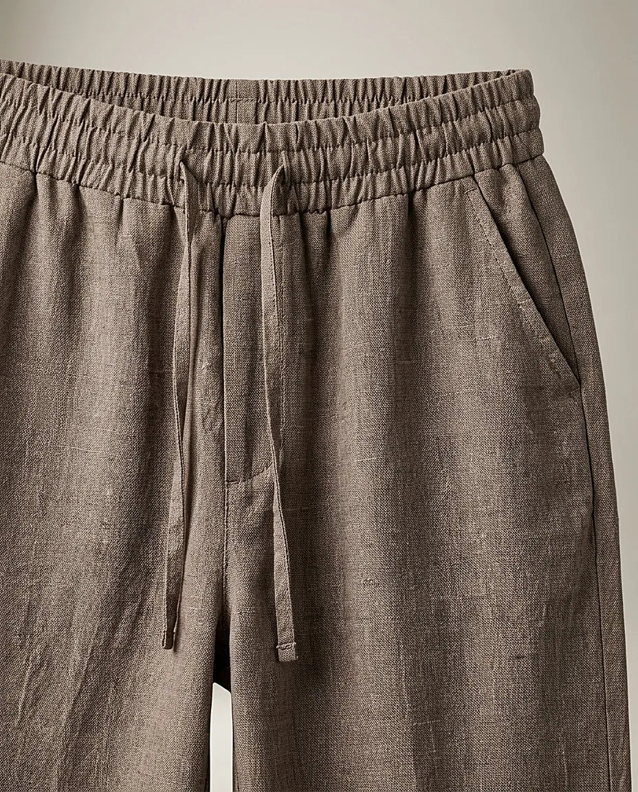 Pantaloni casual maro cu talie elastică și șnur, model lejer cu aspect de in pentru femei