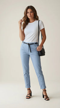 Pantaloni conici de damă albastru deschis, stil casual-elegant, cu curea subțire inclusă și manșete suflecate | Mira Style