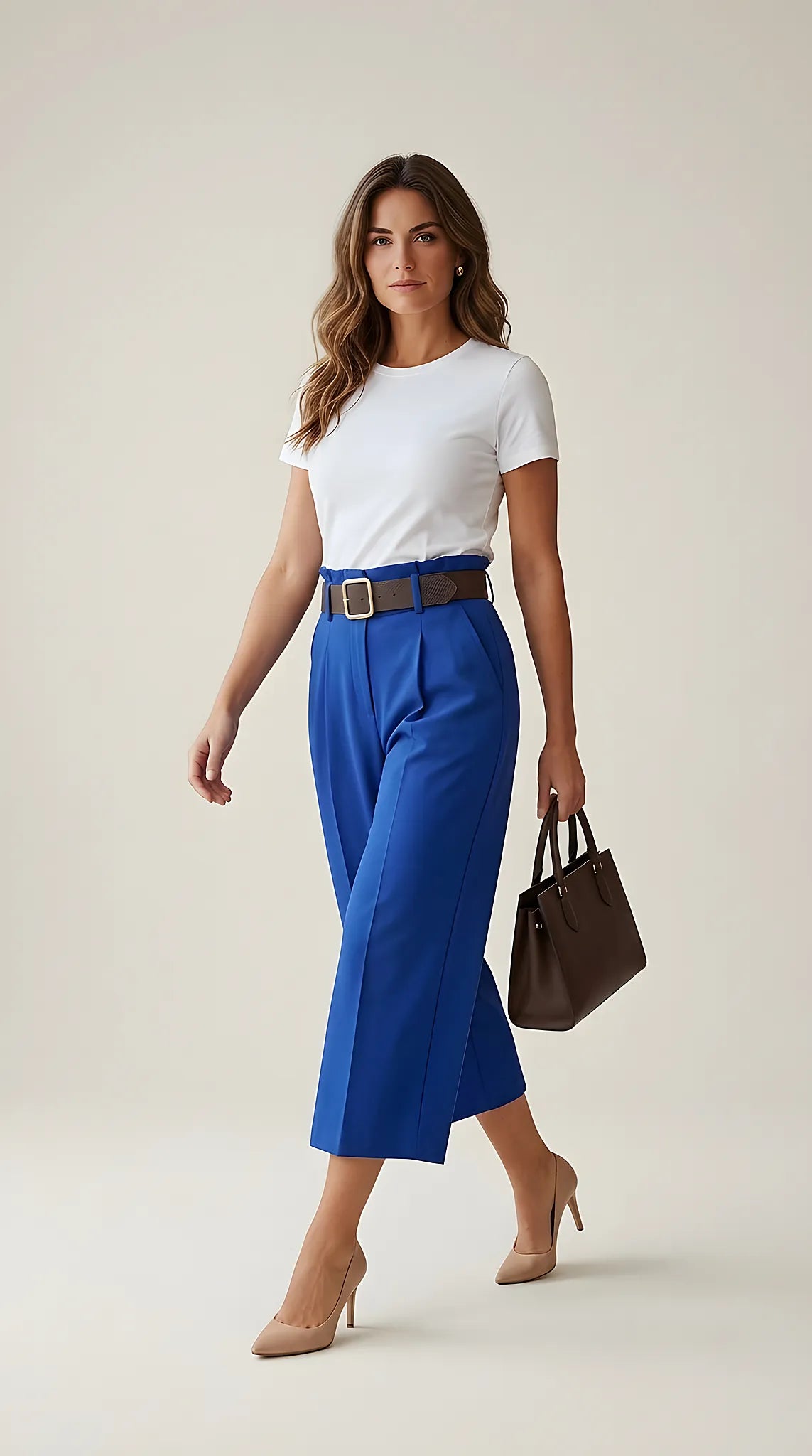 Pantaloni culottes de damă, albastru regal, cu talie înaltă, pense frontale și curea maro inclusă | Mira Style