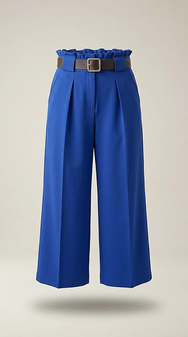 Pantaloni culottes de damă, albastru regal, cu talie înaltă, pense frontale și curea maro inclusă | Mira Style