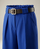 Pantaloni culottes de damă, albastru regal, cu talie înaltă, pense frontale și curea maro inclusă