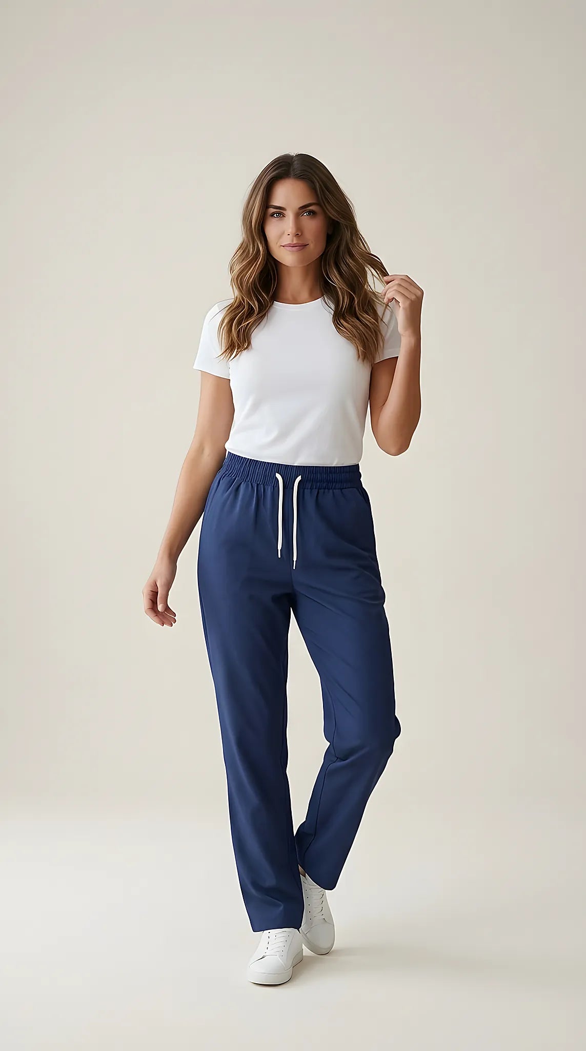 Pantaloni damă albastru marin casual cu talie elastică și șnur, croială dreaptă confortabilă