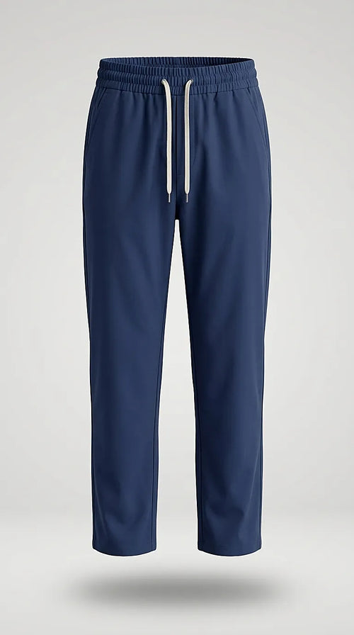 Pantaloni damă albastru marin casual cu talie elastică și șnur, croială dreaptă confortabilă