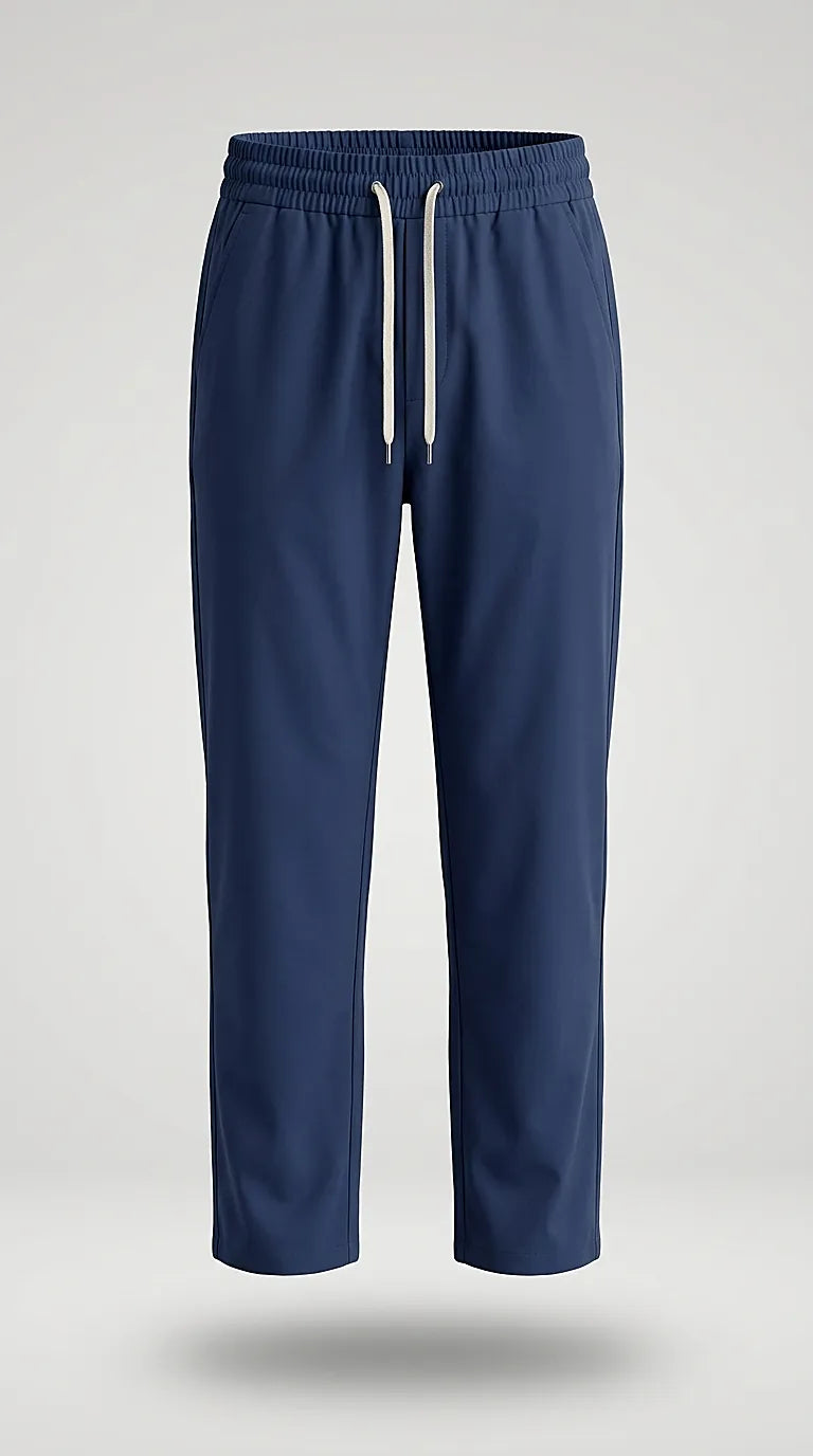 Pantaloni damă albastru marin casual cu talie elastică și șnur, croială dreaptă confortabilă