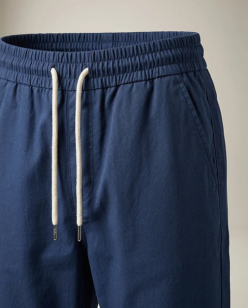Pantaloni damă albastru marin casual cu talie elastică și șnur, croială dreaptă confortabilă