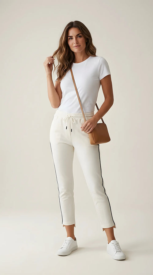 Pantaloni damă albi conici cu bandă laterală neagră și talie elastică, stil sport-elegant casual