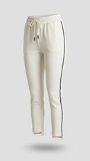 Pantaloni damă albi conici cu bandă laterală neagră și talie elastică, stil sport-elegant casual