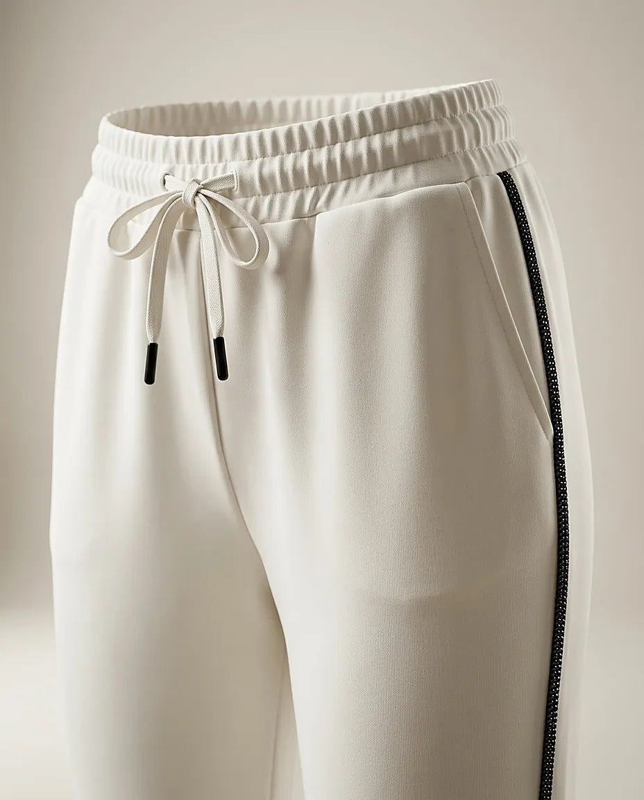Pantaloni damă albi conici cu bandă laterală neagră și talie elastică, stil sport-elegant casual