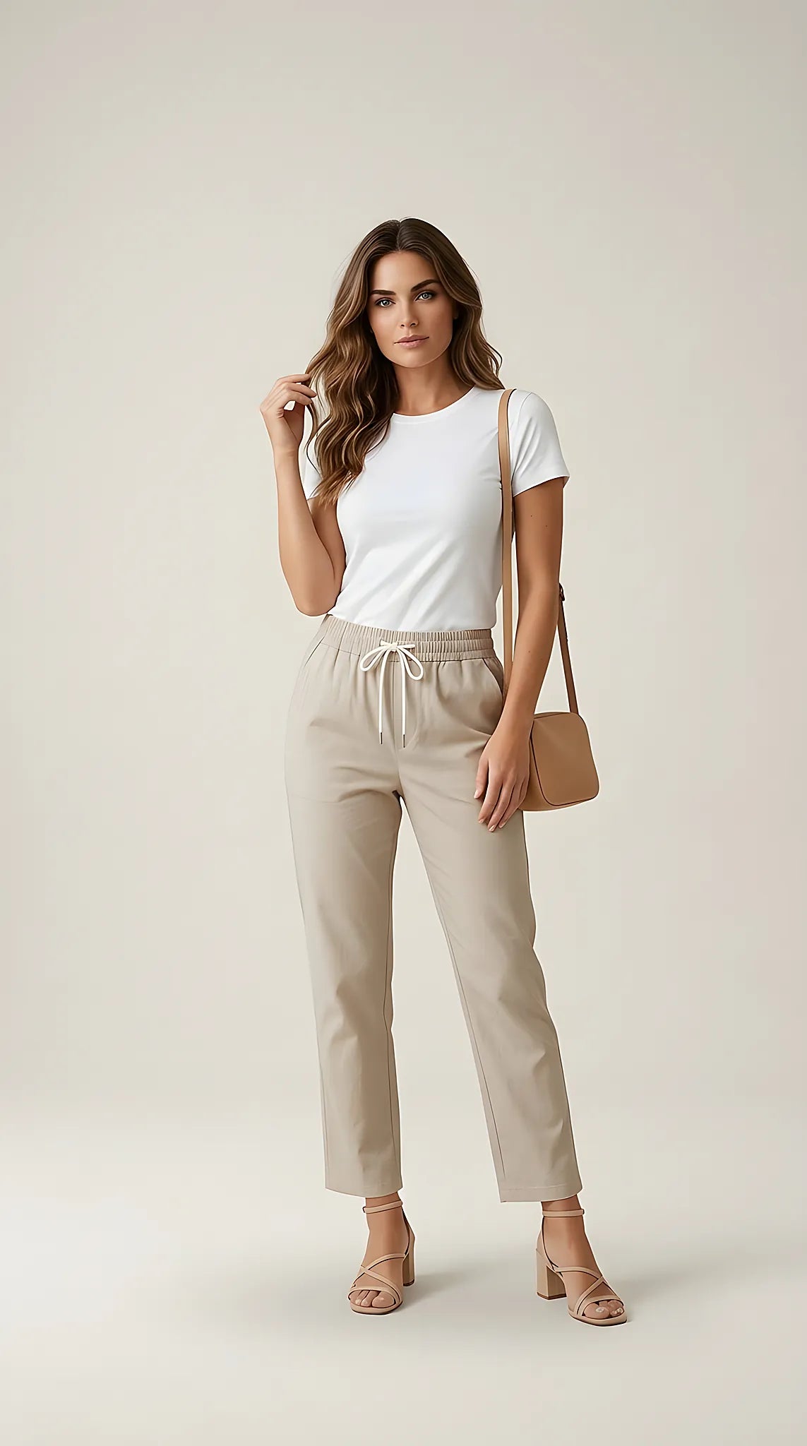 Pantaloni damă bej avix cu talie elastică și șnur, model lejer cu croială dreaptă, stil casual-chic