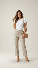Pantaloni damă bej avix cu talie elastică și șnur, model lejer cu croială dreaptă, stil casual-chic