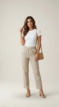 Pantaloni damă bej avix cu talie elastică și șnur, model lejer cu croială dreaptă, stil casual-chic | Mira Style