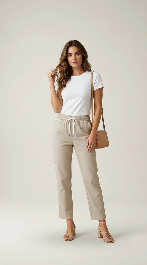 Pantaloni damă bej avix cu talie elastică și șnur, model lejer cu croială dreaptă, stil casual-chic