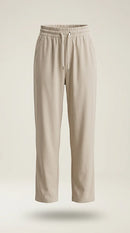 Pantaloni damă bej avix cu talie elastică și șnur, model lejer cu croială dreaptă, stil casual-chic