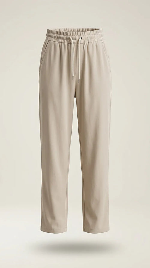 Pantaloni damă bej avix cu talie elastică și șnur, model lejer cu croială dreaptă, stil casual-chic