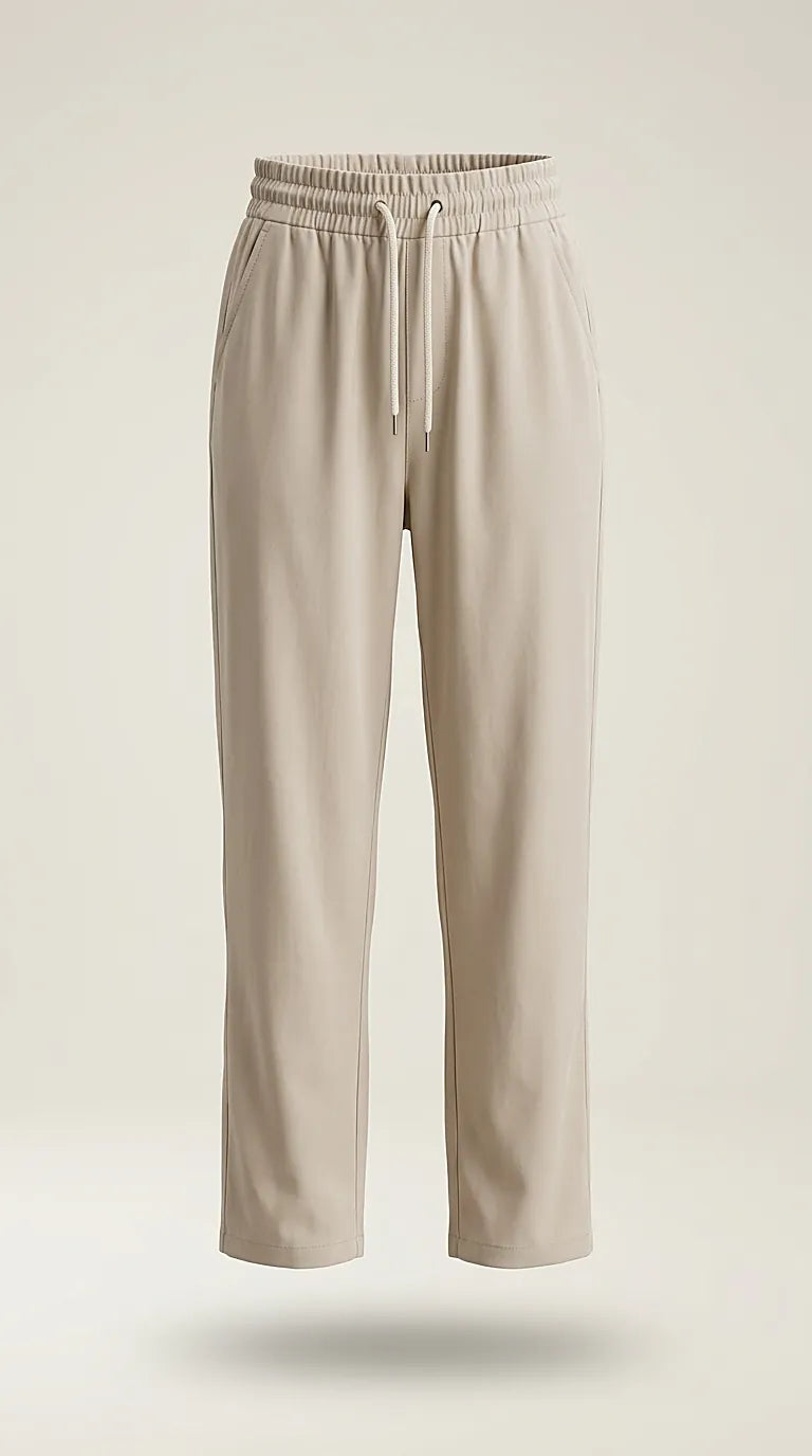 Pantaloni damă bej avix cu talie elastică și șnur, model lejer cu croială dreaptă, stil casual-chic