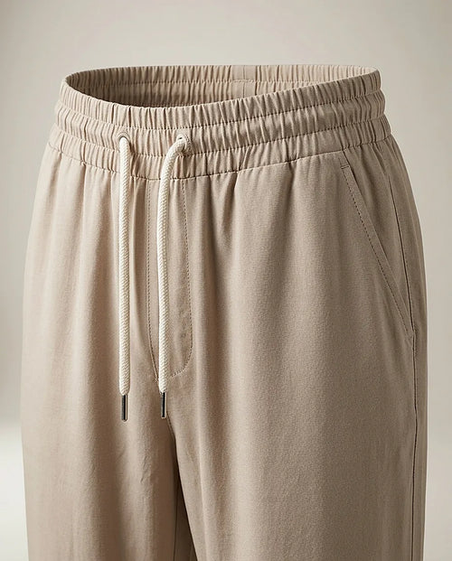 Pantaloni damă bej avix cu talie elastică și șnur, model lejer cu croială dreaptă, stil casual-chic