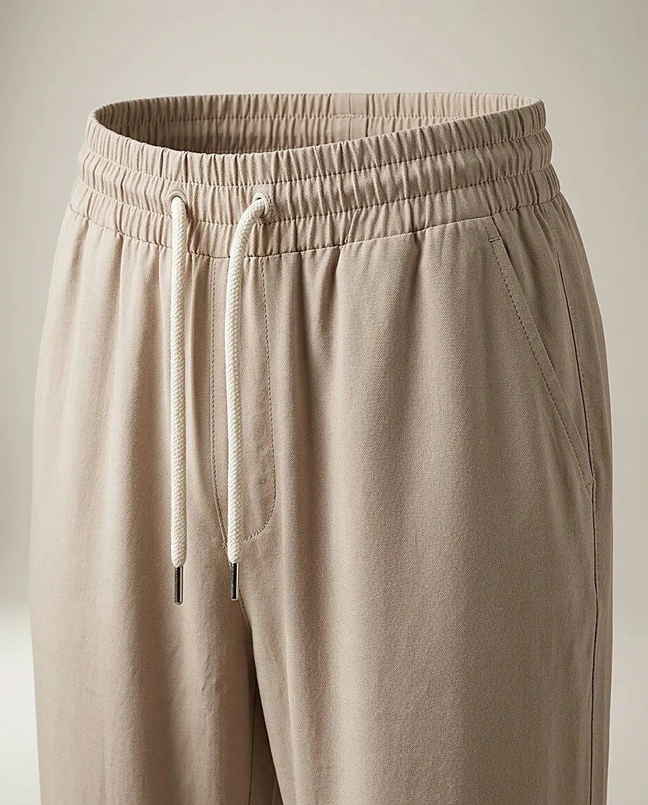 Pantaloni damă bej avix cu talie elastică și șnur, model lejer cu croială dreaptă, stil casual-chic