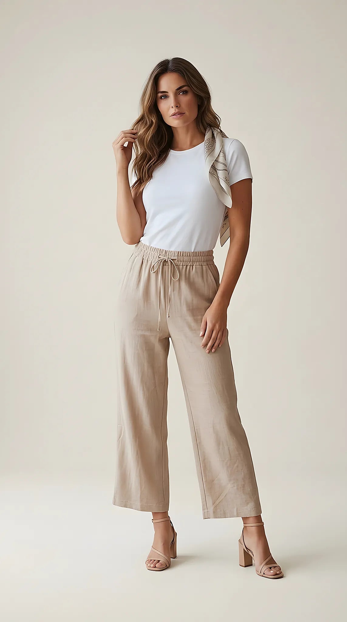 Pantaloni damă bej lejeri cu talie elastică și șnur, model casual din amestec de in și vâscoză