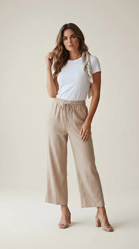 Pantaloni damă bej lejeri cu talie elastică și șnur, model casual din amestec de in și vascoză | Mira Style
