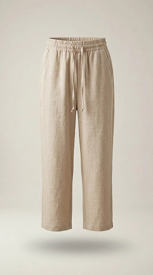 Pantaloni damă bej lejeri cu talie elastică și șnur, model casual din amestec de in și vâscoză