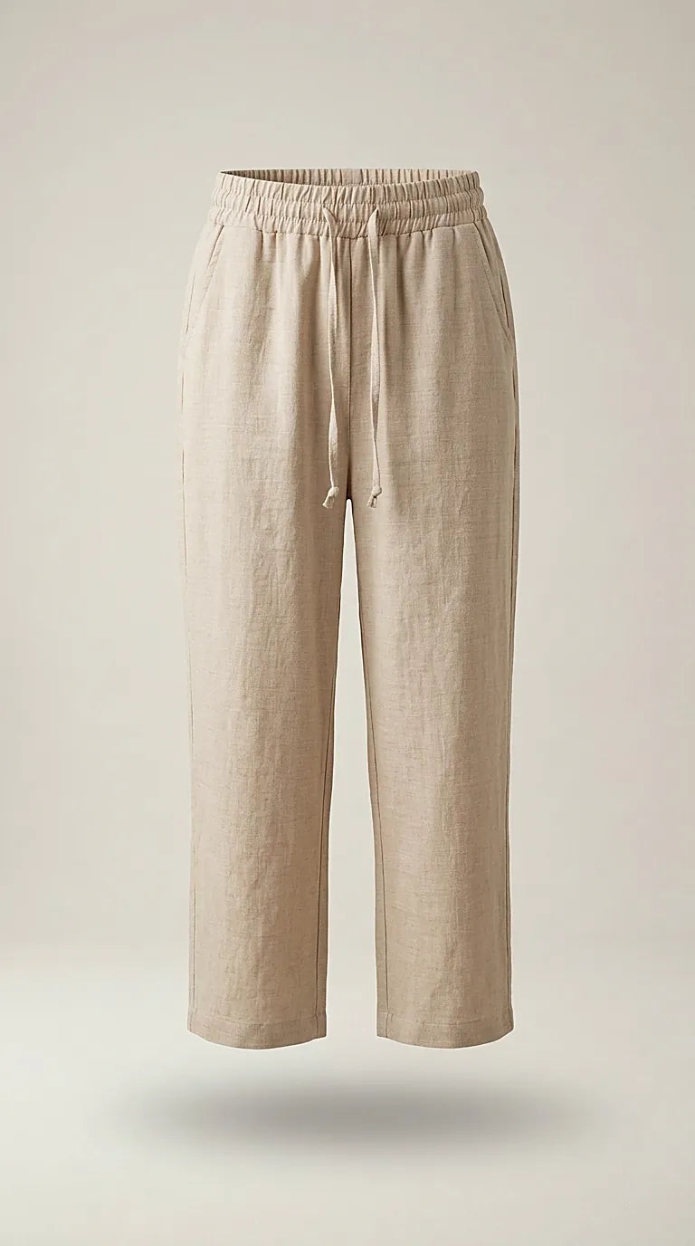 Pantaloni damă bej lejeri cu talie elastică și șnur, model casual din amestec de in și vâscoză