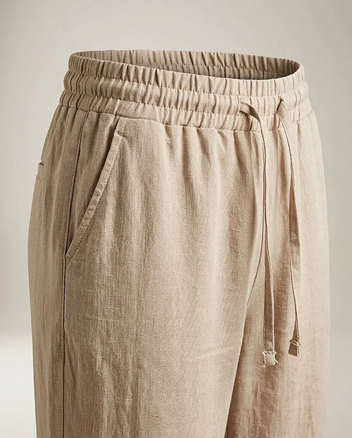 Pantaloni damă bej lejeri cu talie elastică și șnur, model casual din amestec de in și vâscoză