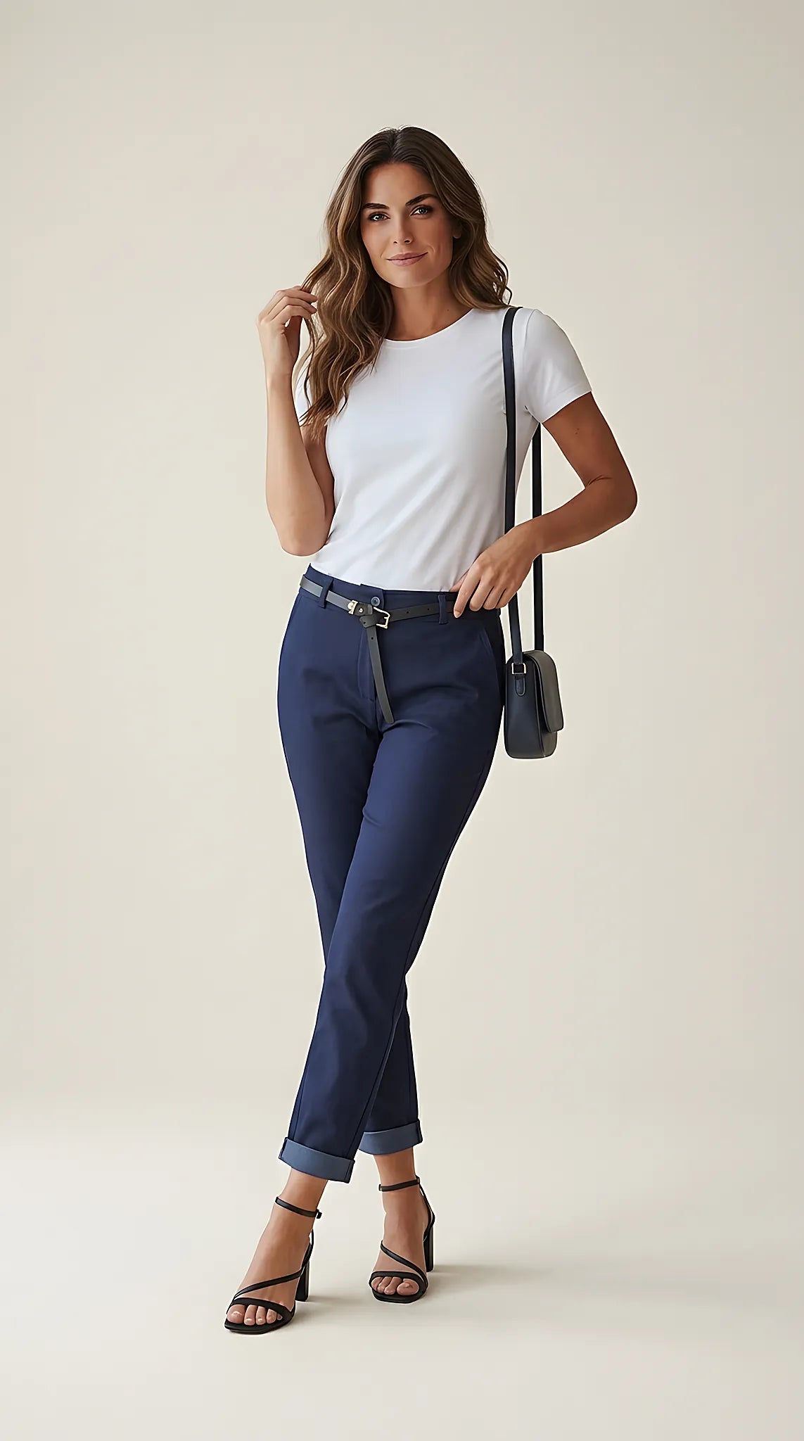 Pantaloni damă bleumarin conici cu manșete suflecate și curea subțire inclusă, stil casual