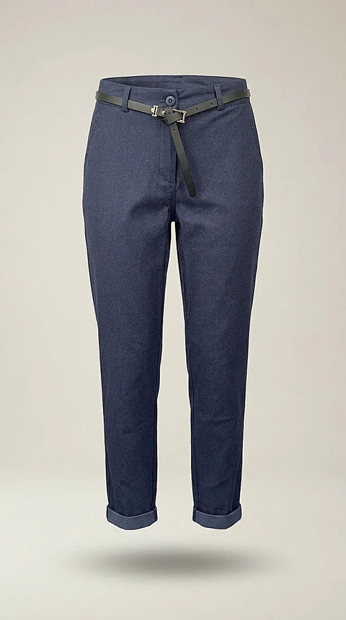 Pantaloni damă bleumarin conici cu manșete suflecate și curea subțire inclusă, stil casual