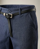 Pantaloni damă bleumarin conici cu manșete suflecate și curea subțire inclusă, stil casual