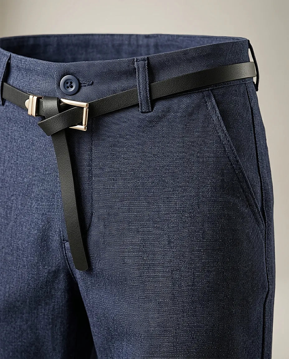 Pantaloni damă bleumarin conici cu manșete suflecate și curea subțire inclusă, stil casual
