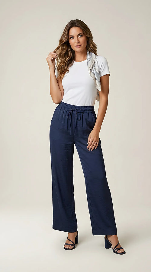 Pantaloni damă bleumarin cu talie elastică si snur, model lejer din material fluid, stil casual-elegant