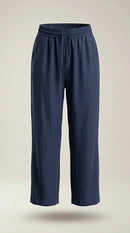 Pantaloni damă bleumarin cu talie elastică si snur, model lejer din material fluid, stil casual-elegant