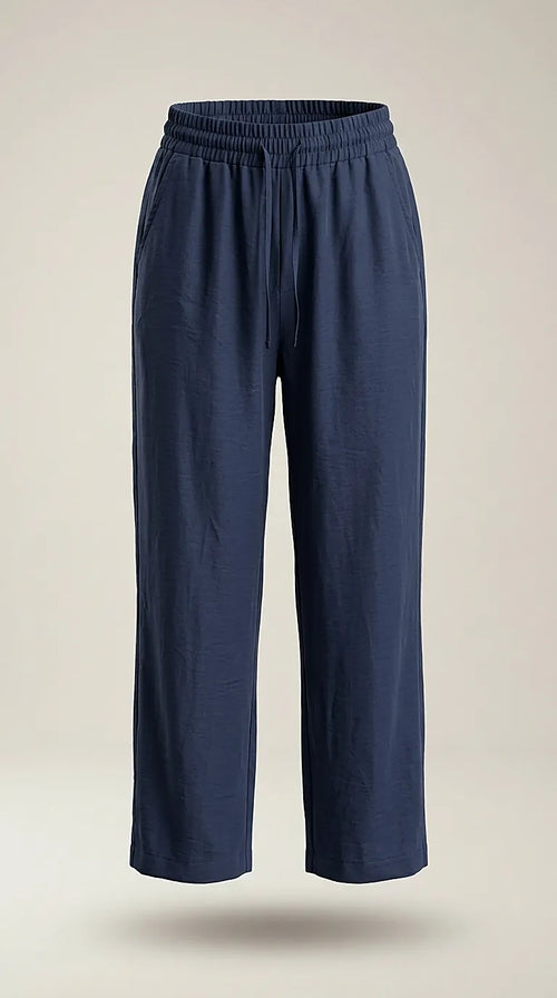 Pantaloni damă bleumarin cu talie elastică si snur, model lejer din material fluid, stil casual-elegant
