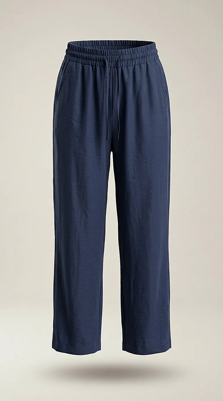 Pantaloni damă bleumarin cu talie elastică si snur, model lejer din material fluid, stil casual-elegant